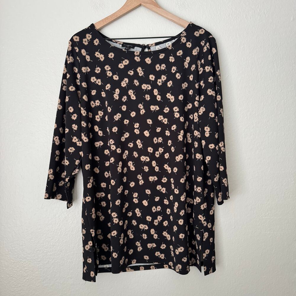 Talbots Plus Womens Black Floral Blouse Stretchy Longsleeve Scoop Neck Size 1X